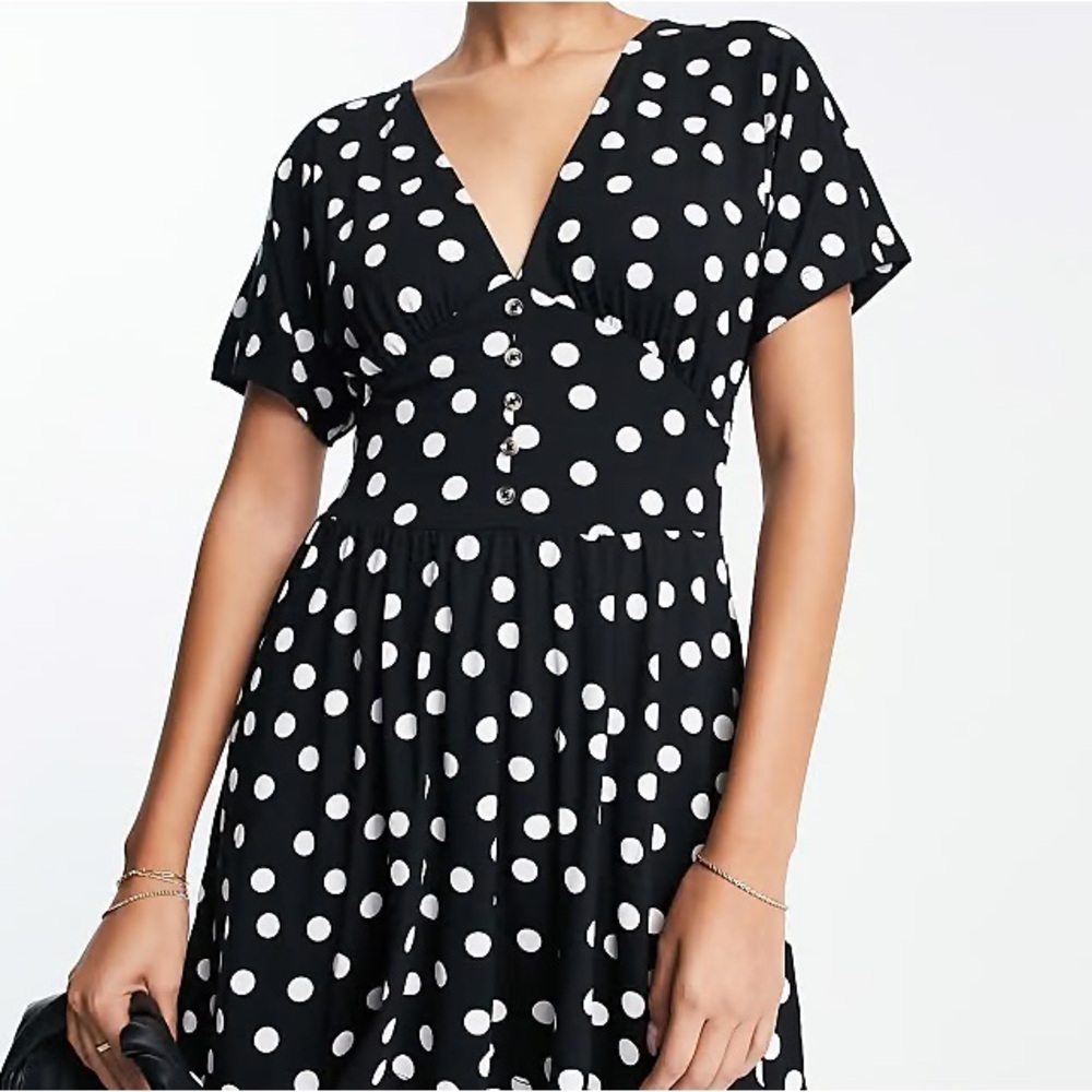 ASOS DESIGN Black & White Polka Dot Dress, Plus Size US 16, V-neck Mini Dress